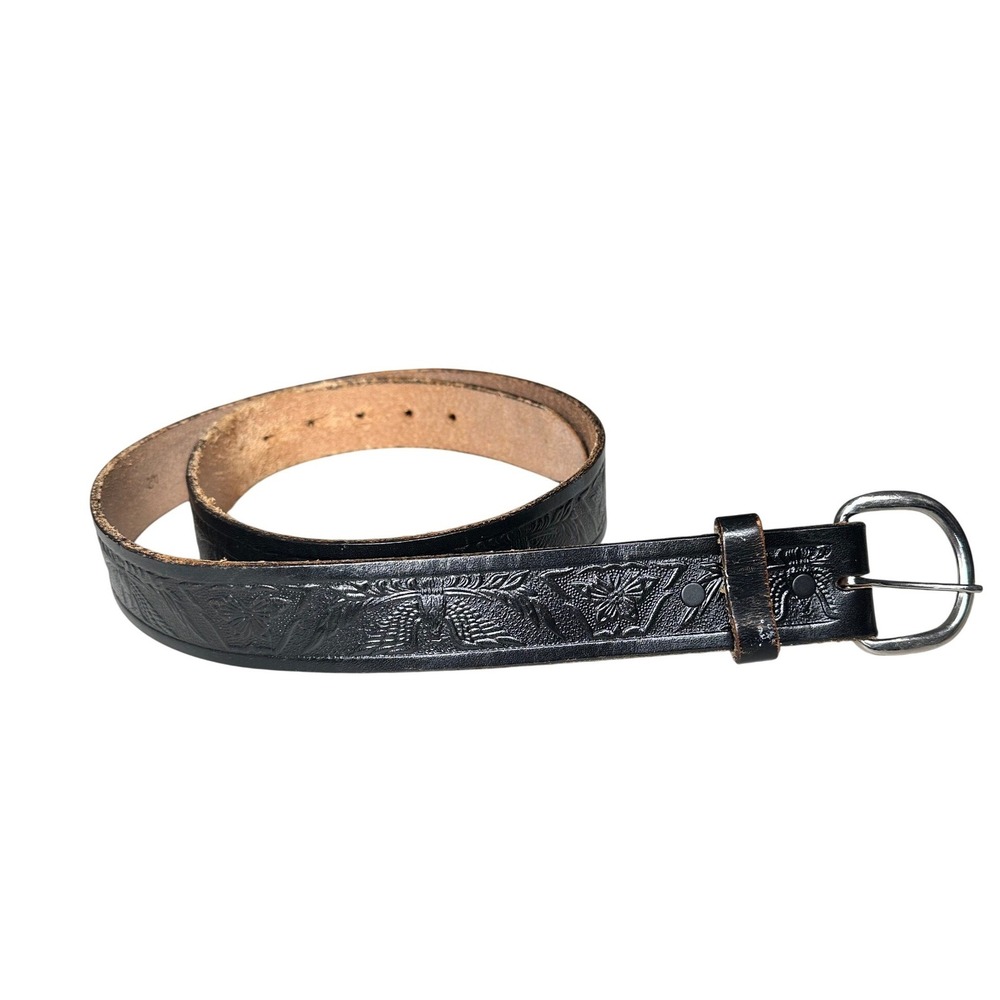 TexTan Mens Vintage Western Tooled Full Grain Cowhide Leather Belt Black 42